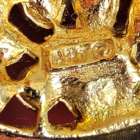 Vintage ART Arthur Pepper Brooch Gold Tone Round Faux Pearl Signed Rope Trim - Picture 5 of 7